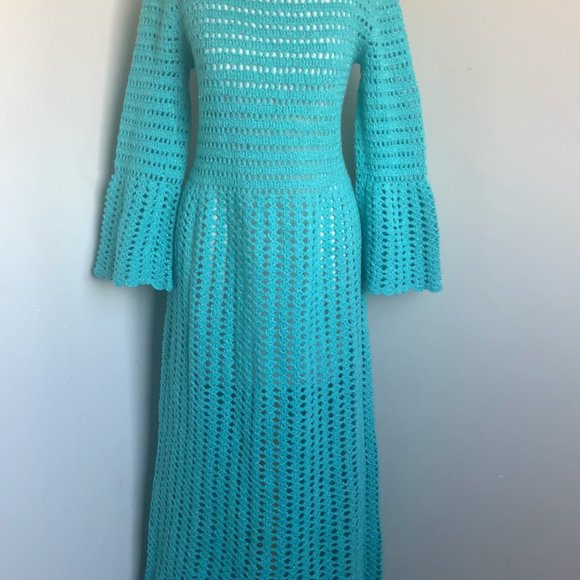 Crochet Bell Sleeve Turquoise Dress with Button Closure - Picture 8 of 8